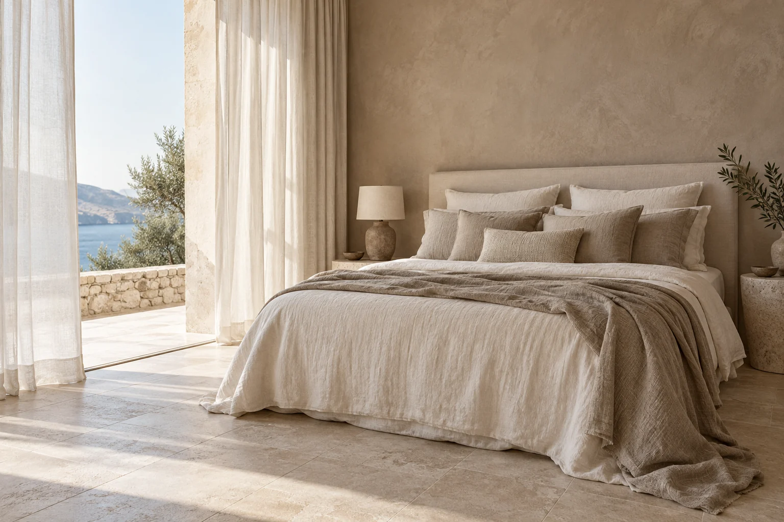 Ambiente illustrativo con letto e biancheria nelle tonalità naturali